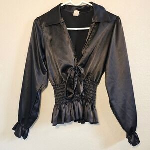 Fashion Magazine Black Satin Smocked Waist Tie Front Blouse Top Chic Club Goth M
